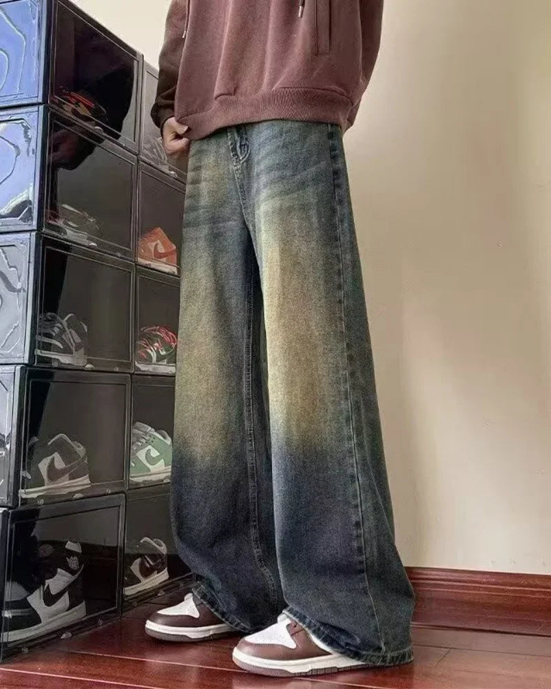 Calças jeans masculinas vintage lavagem perna larga solta jeans casual em linha reta estilo americano rua quatro estações novo 2026