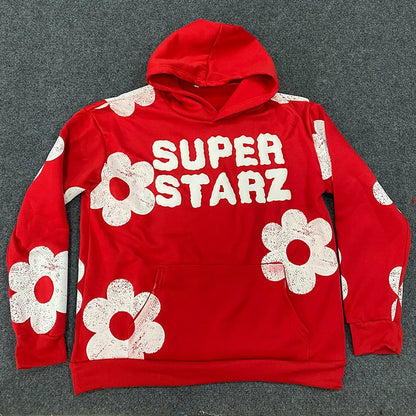 Moletom europeu e americano 2025 com capuz com letras e flores estampadas, moletom punk hip-hop estilo high street