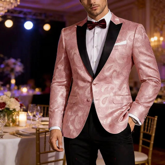 Blazer Masculino Rosa Paisley com Lapela de Cetim Preto, 2 Botões, Jaqueta Formal para Casamento, Festa, Baile de Formatura, Terno Plus Size