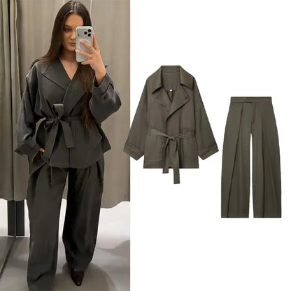 Mulheres meados de cintura calças conjunto de duas peças casual fluindo com cinto jaqueta frente plissado calças 2 peça conjunto feminino outfit