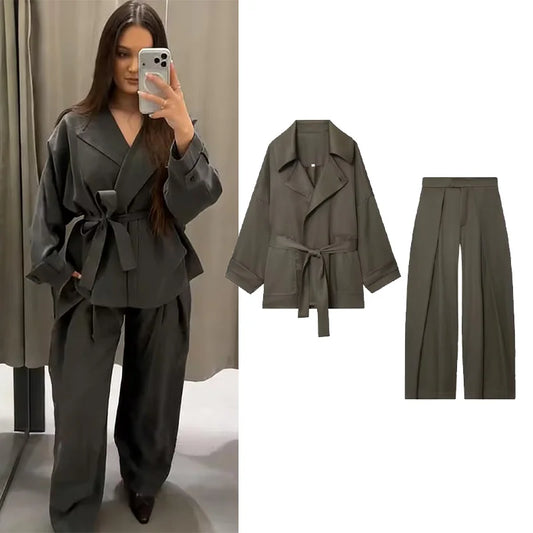 Mulheres meados de cintura calças conjunto de duas peças casual fluindo com cinto jaqueta frente plissado calças 2 peça conjunto feminino outfit