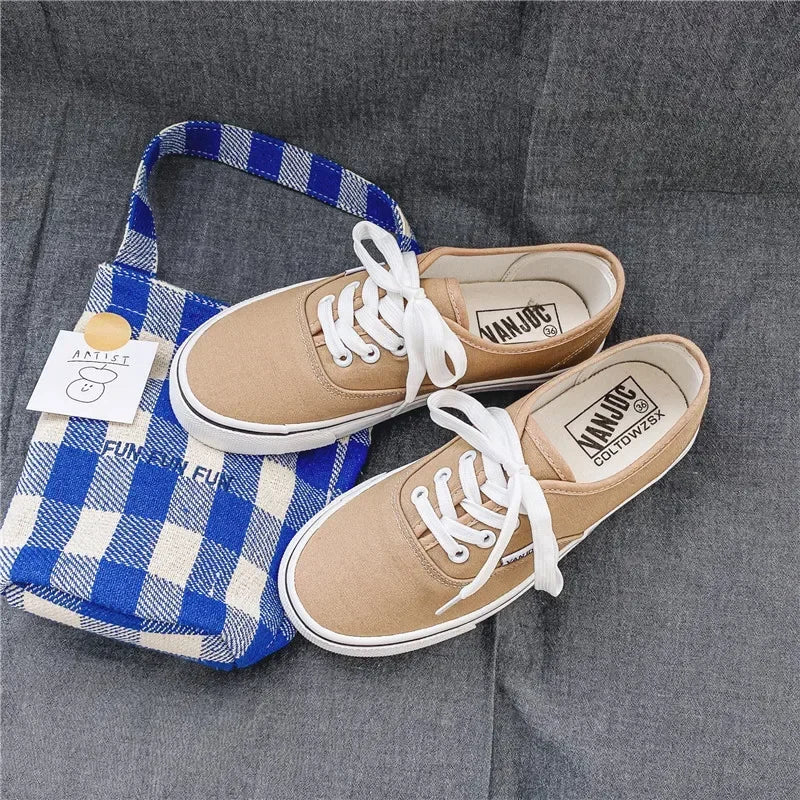 Casual apartamentos tênis de lona feminino ao ar livre cor sólida rasa sapatos esportivos tênis feminino streetwear rendas até sapatos vulcanizados