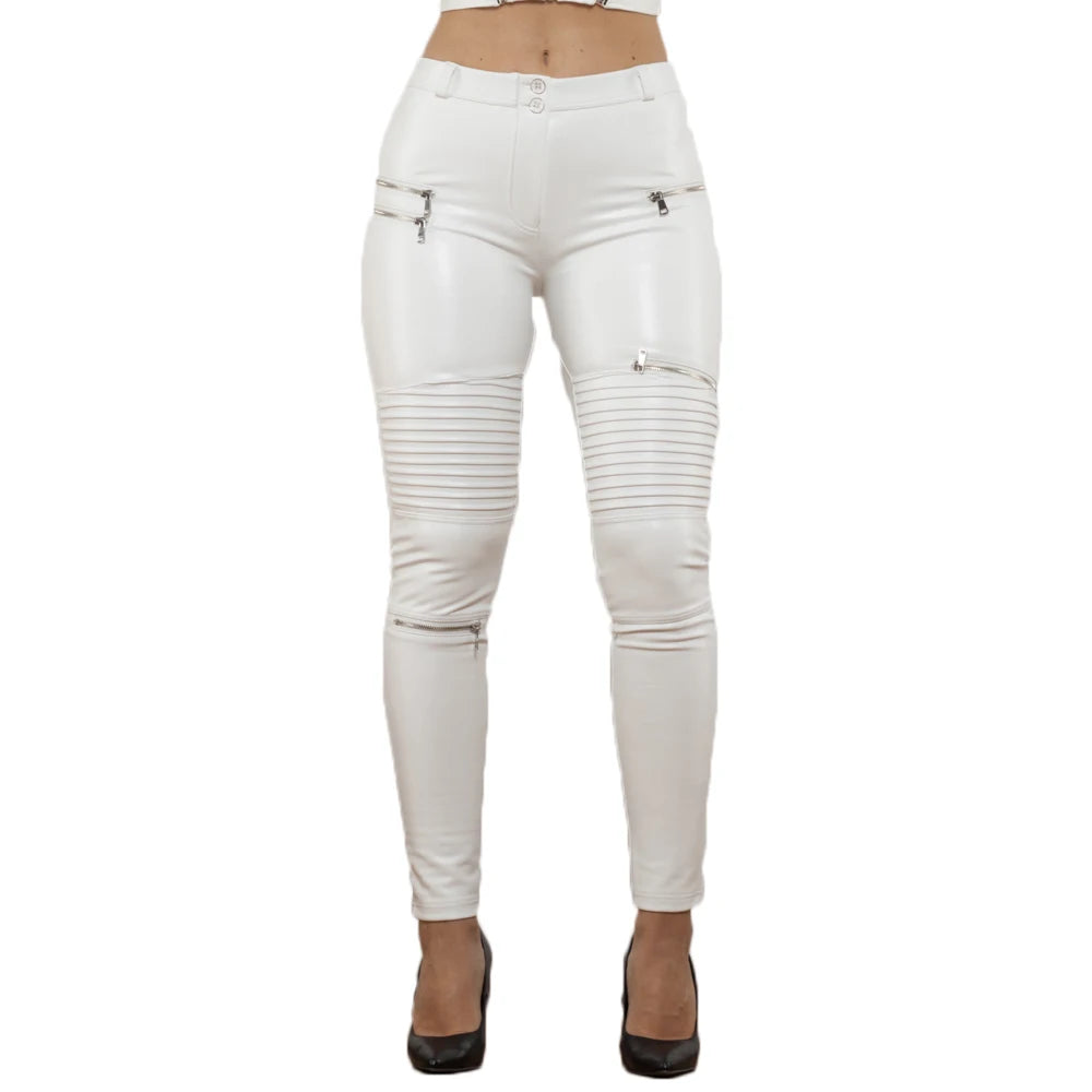 Shascullfites melodia branco calças de couro do plutônio revestimento mulher moda calças finas leggings de couro falso cintura elástica calças femininas