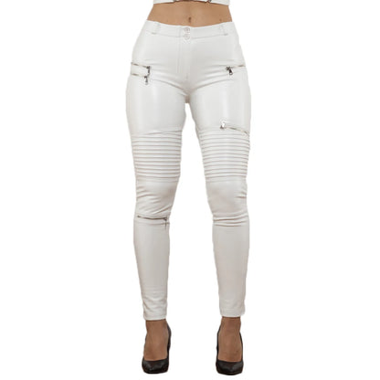Shascullfites melodia branco calças de couro do plutônio revestimento mulher moda calças finas leggings de couro falso cintura elástica calças femininas
