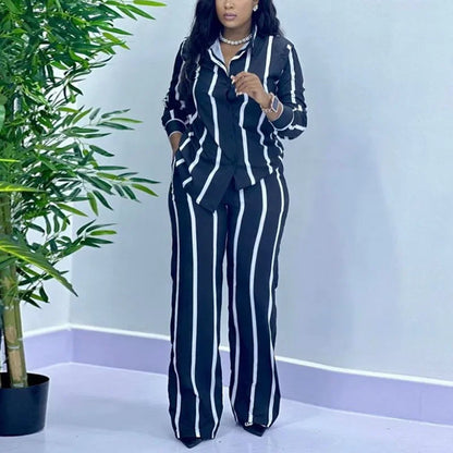 Moda africana feminina conjunto de duas peças listra impresso outono casual botão manga comprida camisa calças perna larga conjunto de duas peças feminino