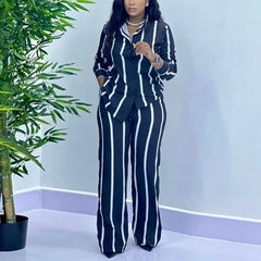 Moda africana feminina conjunto de duas peças listra impresso outono casual botão manga comprida camisa calças perna larga conjunto de duas peças feminino