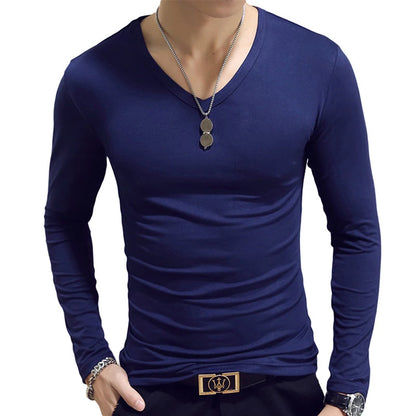 Camiseta masculina de manga comprida com estampa "Cultive a Moralidade" para a Primavera e o Outono, gola redonda, em poliéster liso, nas cores vermelho, azul e preto.