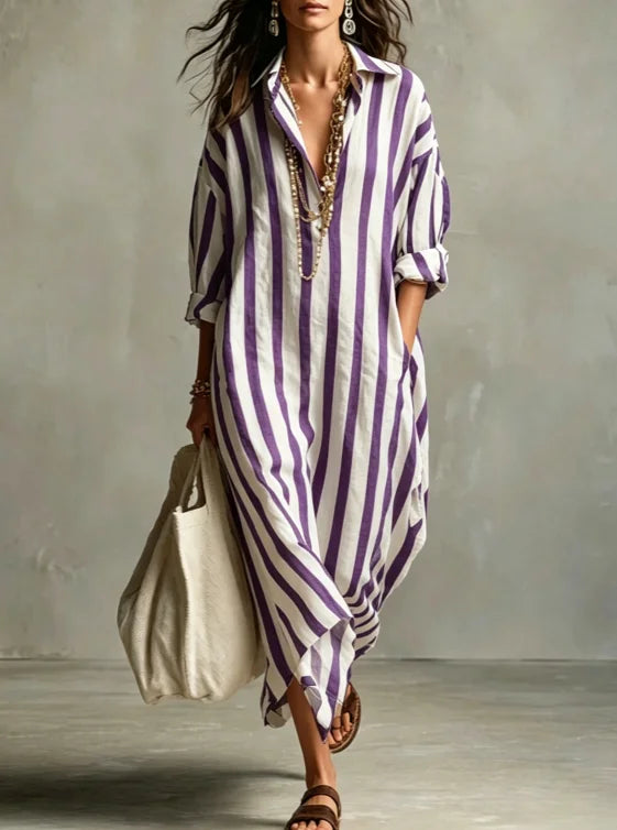Vestido Chemise Longo Estampado Listrado com Decote V Solto, Tendência Oversize, Moda Primavera/Verão 2026, Novo Modelo para Comércio Europeu e Americano