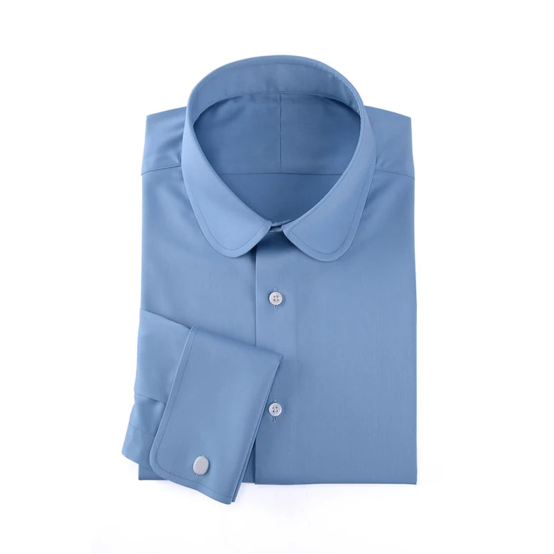 Camisa masculina clássica com gola Eton, gola arredondada, manga comprida, 100% algodão, punho regular, branca, personalizada para homens.
