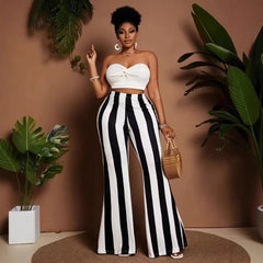 Calças Casuais Femininas de Cintura Alta Pretas e Brancas, Calças Flare com Stretch Quatro Direções, Calças de Perna Larga, Roupas Femininas