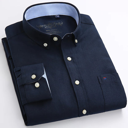Camisa masculina de manga comprida oxford com botão no peito esquerdo confortável outono inverno ajuste regular casual versátil moda