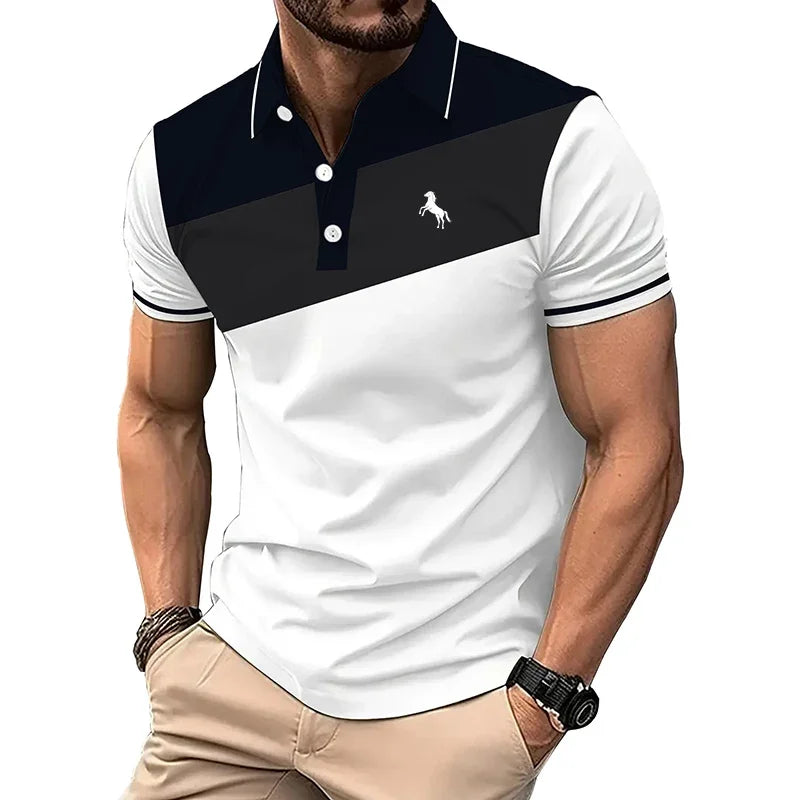 Men Slim Fit Color Block Polo Shirt Deer Embroidery Short Sleeve Breathable Business Casual Fashion Top For Summer Daily Wear