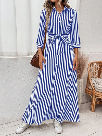 Vestido Casual Elegante com Estampa Listrada para Mulheres, Vestido Fashion e Moderno para Todas as Estações