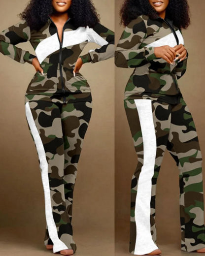 Conjunto de duas peças roupa feminina 2023 outono moda geométrica impressão gola manga longa zip up topo & casual calças esportivas conjunto