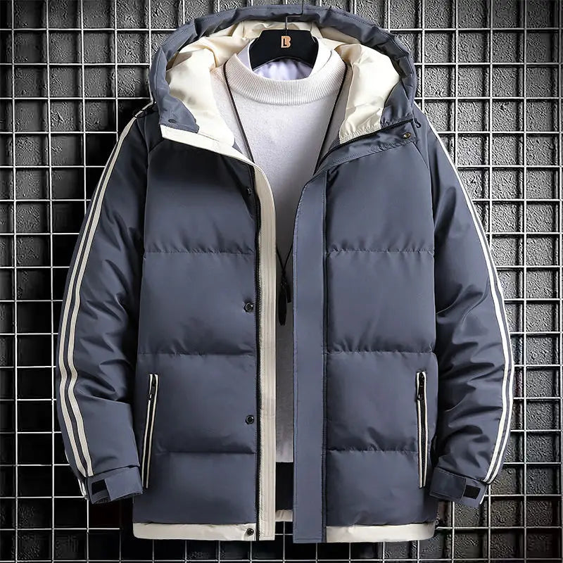 Jaqueta masculina listra moda cor combinando quente grosso high street com capuz zíper algodão-acolchoado casaco oversize cordão parka casaco