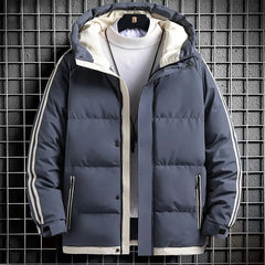 Jaqueta masculina listra moda cor combinando quente grosso high street com capuz zíper algodão-acolchoado casaco oversize cordão parka casaco