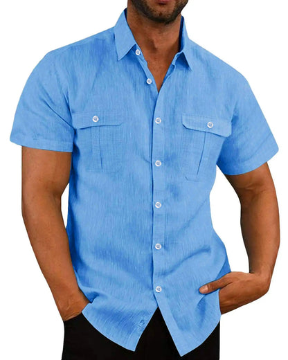 Camisa masculina de manga curta, cor sólida, moderna, com dois bolsos no peito, ideal para o verão. Cardigã casual para uso externo.