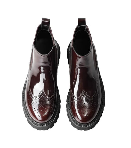 Estilo britânico masculino couro genuíno chelsea brogue em relevo botas curtas de alta qualidade sapatos de negócios sola grossa brilhante