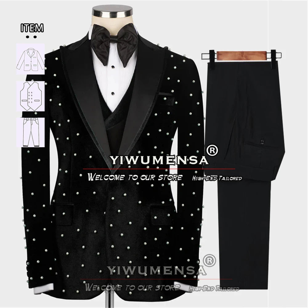 Ternos de casamento de luxo para homens noivo usar smoking artesanal pérolas jaqueta de veludo masculino banquete vestido de festa sob medida 3 peças conjunto