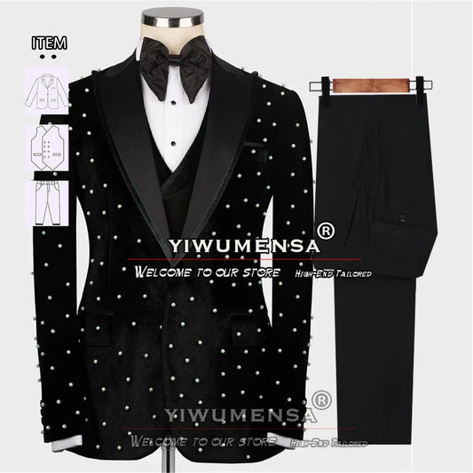 Ternos de casamento de luxo para homens noivo usar smoking artesanal pérolas jaqueta de veludo masculino banquete vestido de festa sob medida 3 peças conjunto