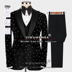 Ternos de casamento de luxo para homens noivo usar smoking artesanal pérolas jaqueta de veludo masculino banquete vestido de festa sob medida 3 peças conjunto