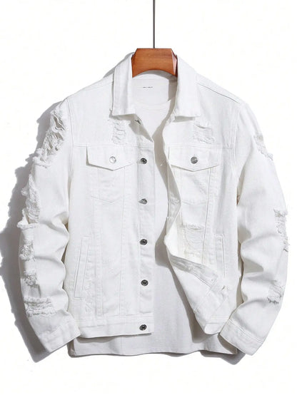 Jaqueta de Jeans Masculina para Primavera e Outono. Jaqueta de Denim Branca com Rasgos. Moda de Rua. Casual Diário.