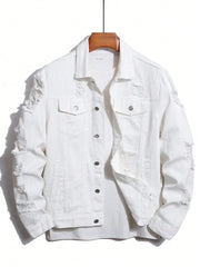 Jaqueta de Jeans Masculina para Primavera e Outono. Jaqueta de Denim Branca com Rasgos. Moda de Rua. Casual Diário.