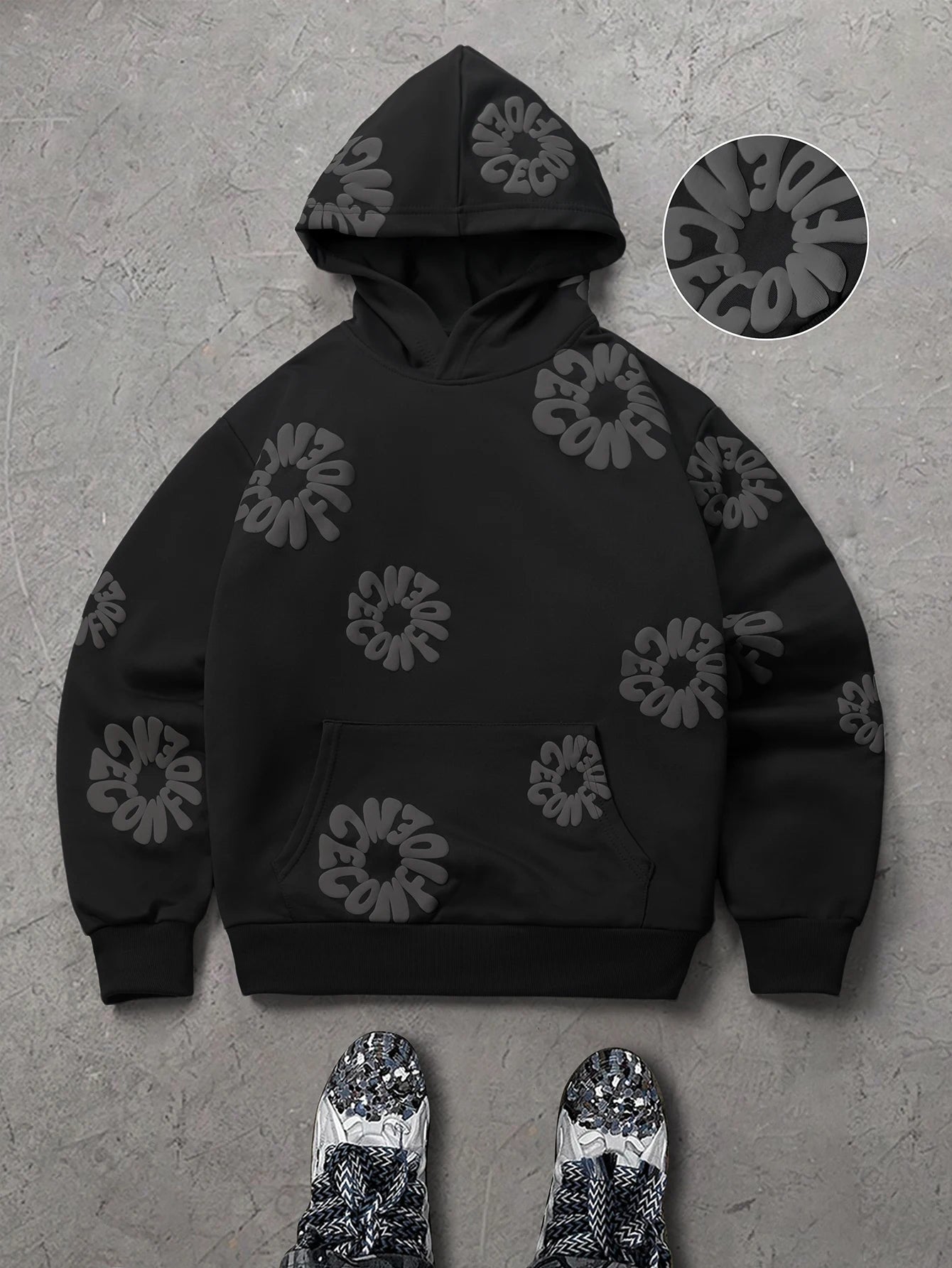 Moletom Masculino Streetwear com Estampa Floral 3D em Relevo e Letras, Poliéster Preto, Bolso Canguru, Tamanhos S-2XL, 1 Peça