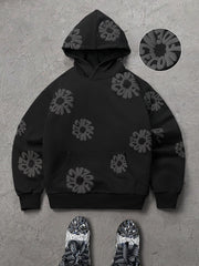 Moletom Masculino Streetwear com Estampa Floral 3D em Relevo e Letras, Poliéster Preto, Bolso Canguru, Tamanhos S-2XL, 1 Peça