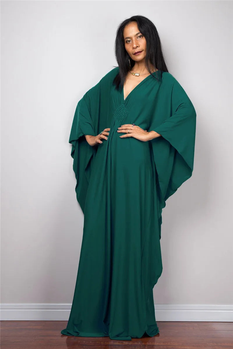 Vestidos caftan plus size para mulheres, cor sólida, plus size, vestido de praia, decote em v, solto, macio, caftan, loungewear
