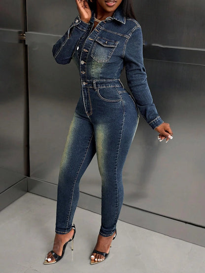 Macacão jeans de manga comprida de alta elasticidade e ajuste fino. Nova moda outono apertado confortável macacões de perna pequena para mulher primavera
