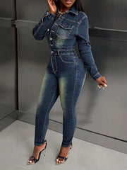 Macacão jeans de manga comprida de alta elasticidade e ajuste fino. Nova moda outono apertado confortável macacões de perna pequena para mulher primavera