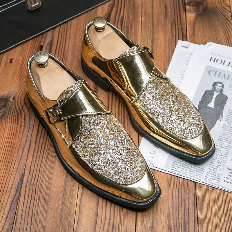 Sapatos masculinos casuais verão brilho ouro vestido de couro patente para homens mocassins de ouro negócios apontou bussiness luxo