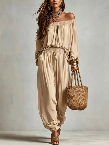 Conjunto Elegante de Duas Peças com Blusa de Manga Longa Off Shoulder e Calças Jogger com Cordão para Mulheres
