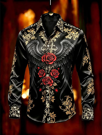 Nova Camisa Masculina de Manga Longa com Estampa Geométrica de Arquitetura do Deserto em Preto e Dourado, Top de Cetim Brilhante