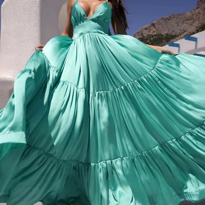 Vestido Feminino Elegante de Verão com Decote V Profundo, Cintura Alta, Sem Mangas, Cor Sólida e Saia Ampla, Ideal para Festas na Praia