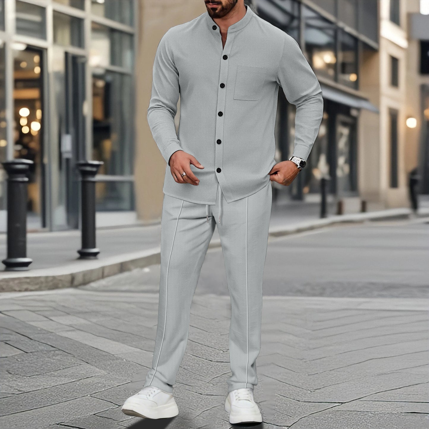 Camisa Masculina Waffle Elegante com Gola Alta e Botões e Calças 1/2 Peças Confortáveis e Respiráveis Casuais