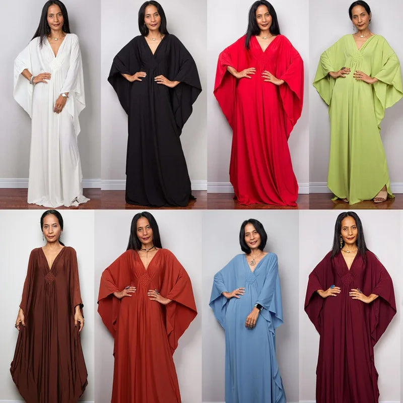 Vestidos caftan plus size para mulheres, cor sólida, plus size, vestido de praia, decote em v, solto, macio, caftan, loungewear