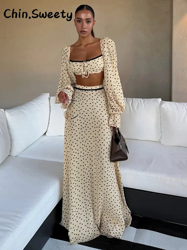 Conjunto Feminino de Saia Longa com Poás, Top Cropped de Renda com Decote Quadrado e Manga Bufante, Saias Godê de Cintura Alta - Terno Feminino de Verão 2026