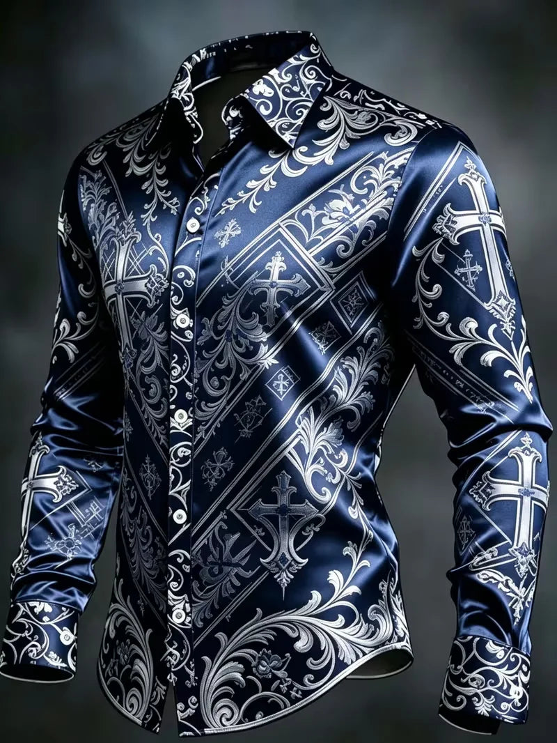 Nova Camisa Masculina de Manga Longa com Estampa Geométrica de Arquitetura do Deserto em Preto e Dourado, Top de Cetim Brilhante