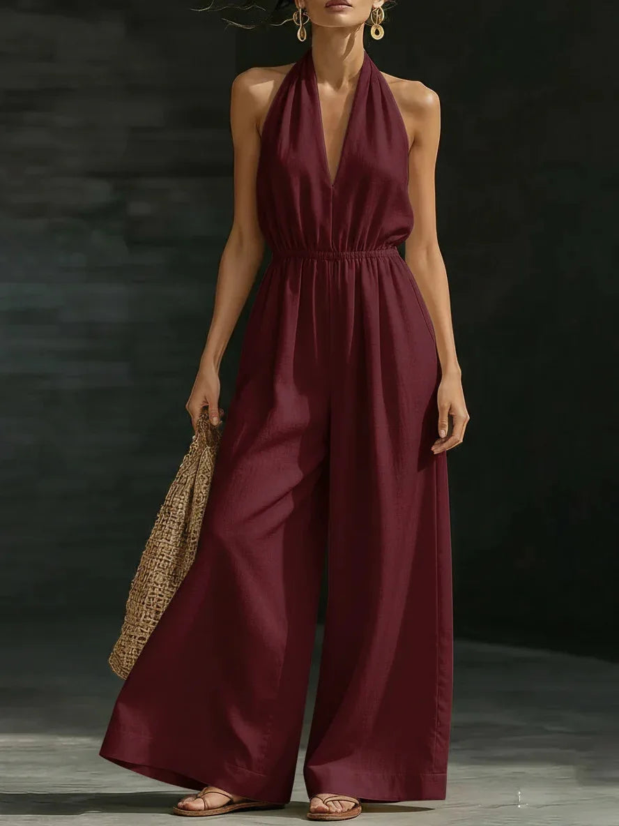 Macacão Feminino Halter Neck: Novo Macacão Casual Solto de Verão Francês com Decote V Sexy e Cor Sólida