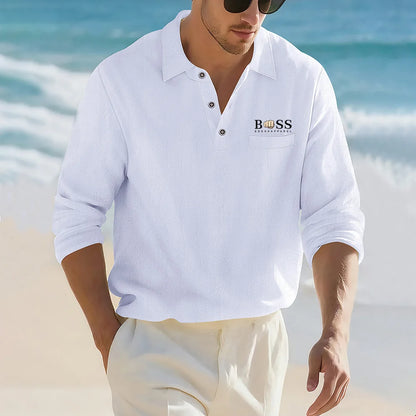 Camisa Masculina Casual de Linho e Algodão Leve com Lapela, Solta, Cor Sólida, Moda Primavera Outono, com Detalhe Decorativo na Gola
