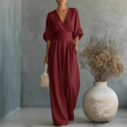 Waist V-neck Jumpsuit 2026 Spring And Summer New Style Fashionable And Elegant Women's Solid Color Mid-sleeve Wide-leg Jumpsuit