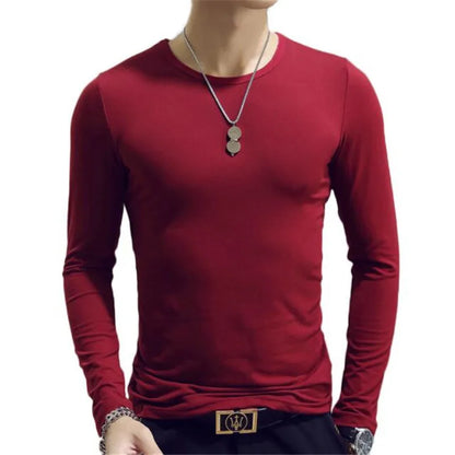 Camiseta masculina de manga comprida com estampa "Cultive a Moralidade" para a Primavera e o Outono, gola redonda, em poliéster liso, nas cores vermelho, azul e preto.