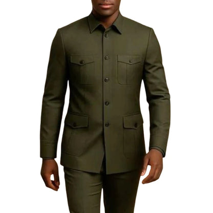 Ternos Casuais Masculinos Safari com Bolsos, Estilo de Moda Chinesa, Ajuste Slim, Terno de Casamento Sob Medida, 2 Peças, Jaqueta e Calças