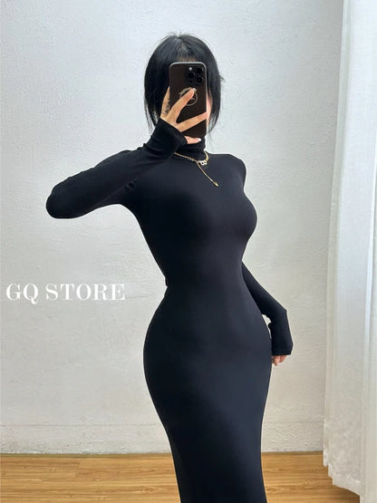 Vestido longo feminino WOMENGAGA de outono/inverno, manga comprida, gola alta, corte justo, cauda de sereia, elegante e delicado (código 0O60).