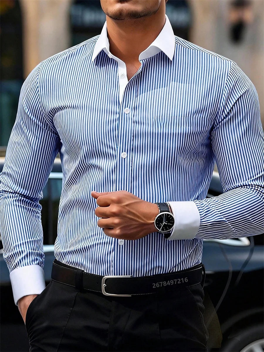 Camisa masculina de manga comprida listrada casual de negócios, design elegante com lapela e emenda de cores contrastantes, top casual masculino.