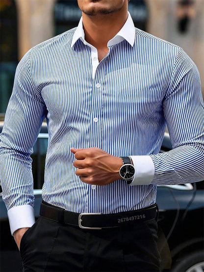 Camisa masculina de manga comprida listrada casual de negócios, design elegante com lapela e emenda de cores contrastantes, top casual masculino.