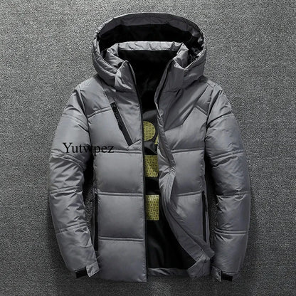 Casaco Casual com Capuz para Exterior, Jaqueta de Plumas Brancas para Homens, Casaco de Inverno Masculino, Impermeável, Capuz Removível, Parkas em Cores Sólidas