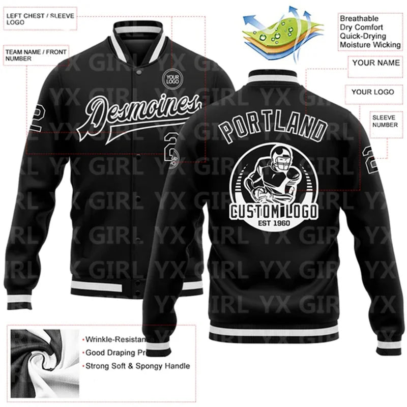 Jaqueta Varsity Personalizada Preta e Branca com Botões, Jaqueta de Baseball